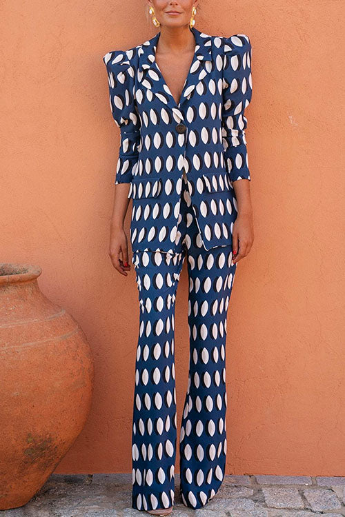 Puff Sleeves Button Up Blazer Bell Bottoms Pants Printed Set