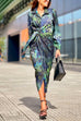 Knot Waist Long Sleeves Printed Wrap Shirt Dress
