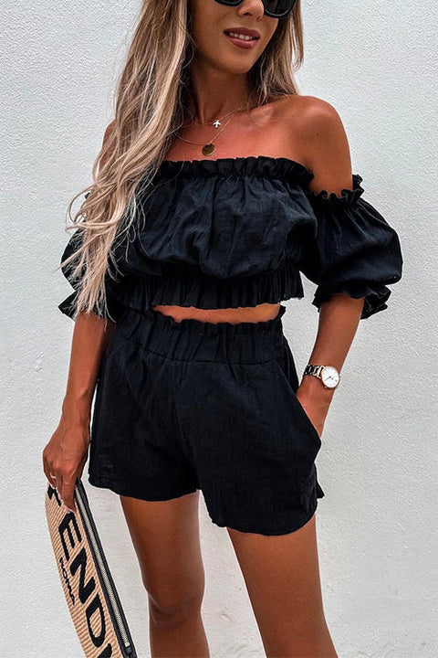 Priyavil Ruffle Off Shoulder Short Sleeves Crop Top Elastic Waist Shorts Set