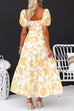 Square Collar Puff Sleeves Crop Top Ruffle Swing Maxi Skirt Floral Print Set