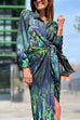 Knot Waist Long Sleeves Printed Wrap Shirt Dress