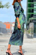 Knot Waist Long Sleeves Printed Wrap Shirt Dress