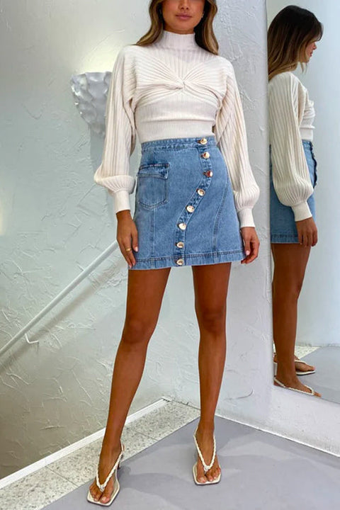 Button Down Distressed A-line Denim Mini Skirt