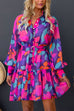 Long Balloon Sleeves Belted Printed Swing Shirt Dress