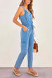 Priyavil V Neck Drawstring Waist Sleeveless Denim Overall Jumpsuit