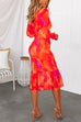 Priyavil V Neck Long Sleeves Smocked Ruffle Printed Midi Bodycon Dress