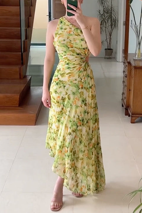 Priyavil Printed One Shoulder Cut Out Waist Pleated Irregular Dress