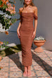Priyavil Off Shoulder Back Slit Ruched Maxi Bodycon Dress