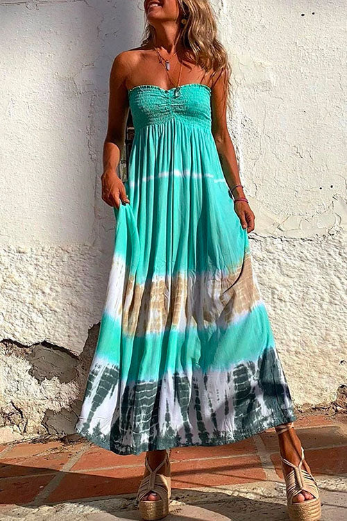 Priyavil Sleeveless Off Shoulder Smocked Tie Dye Maxi Swing Dress