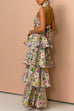 Halter Tie Back Cut Out Jardine Print Ruffle Tiered Maxi Dress