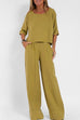 Priyavil Round Neck 3/4 Sleeves Pullovers Wide Leg Pants Cotton Linen Set