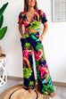 Priyavil Floral Print V Neck Short Sleeves Crop Top Elastic Waist Wide Leg Pants Set