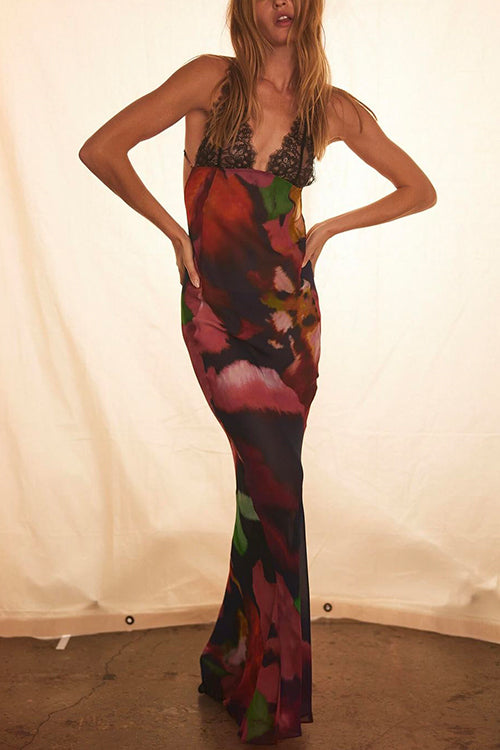 Priyavil Backless V Neck Lace Splice Printed Maxi Bodycon Dress
