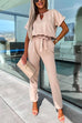 Priyavil V Neck Rolled Sleeve Pullover Knot Waist Tapered Pants Set