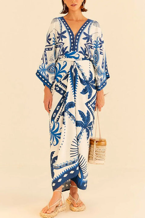 Priyavil V Neck Kimono Sleeves Tie Waist Printed Wrap Dress