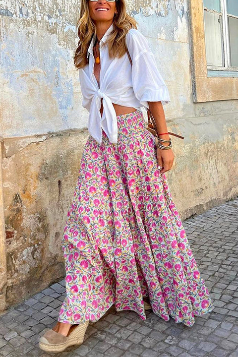 Priyavil Frilled Elastic Waist Bohemia Floral Maxi Flowy Skirt