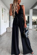 Priyavil Deep V Neck Tie Waist Ruched Wide Leg Jumpsuit