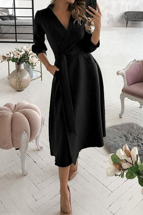 Priyavil Fashion V Neck Long Sleeve Knot Waist Solid Dress