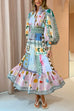 Priyavil Puff Sleeves Smocked Waist Unique Printed Ruffle Maxi Dress