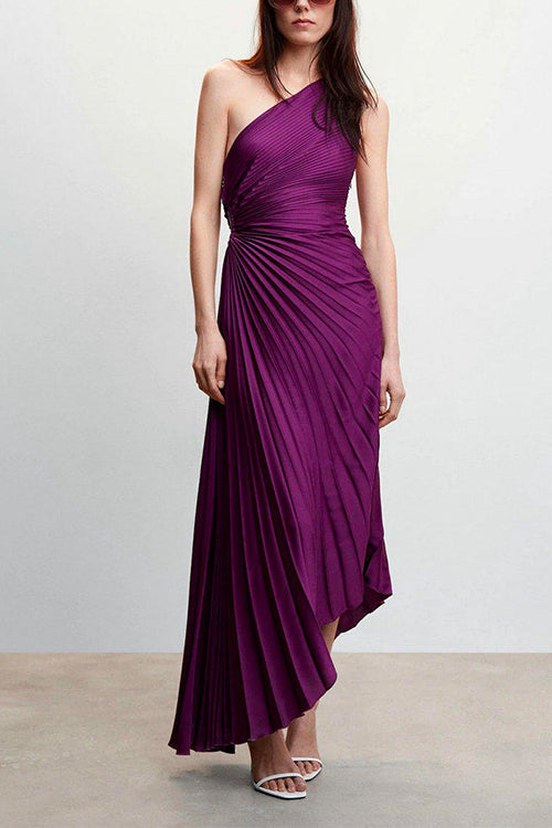 Priyavil Sleeveless One Shoulder Cut Out Maxi Pleated Party Dress