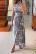 Priyavil Printed One Shoulder Cut Out Waist Pleated Irregular Dress