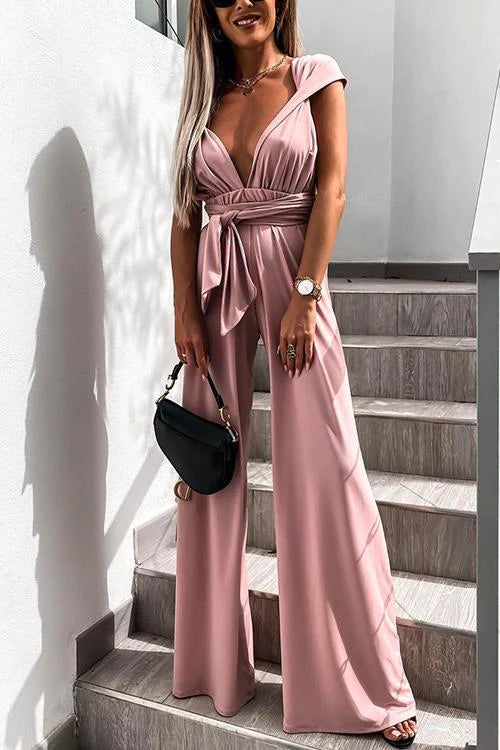 Priyavil Deep V Neck Tie Waist Ruched Wide Leg Jumpsuit