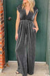 Priyavil Deep V Neck Cap Sleeves Waisted Wide Leg Velvet Jumpsuit