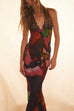 Priyavil Backless V Neck Lace Splice Printed Maxi Bodycon Dress