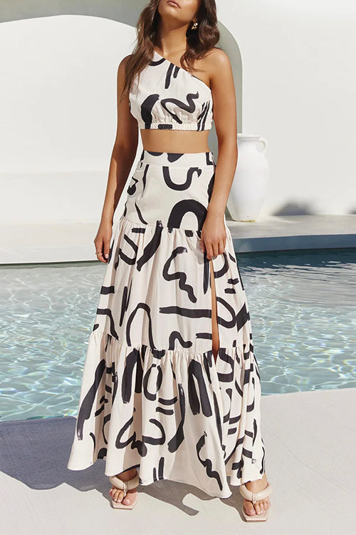 Priyavil One Shoulder Crop Top High Slit Ruflle Tiered Skirt Printed Set