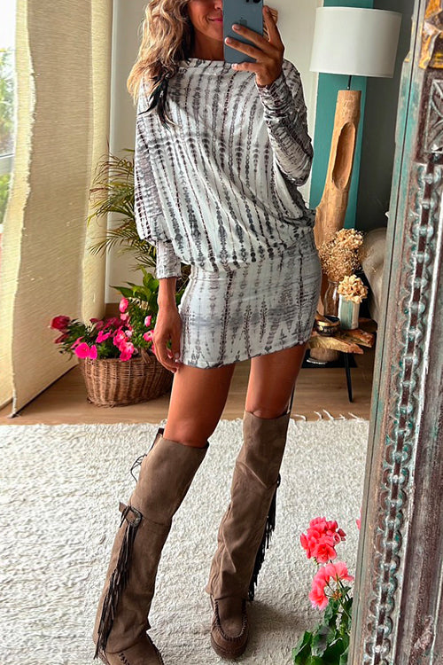 Priyavil Batwing Long Sleeve Waisted Tie Dye Mini Dress