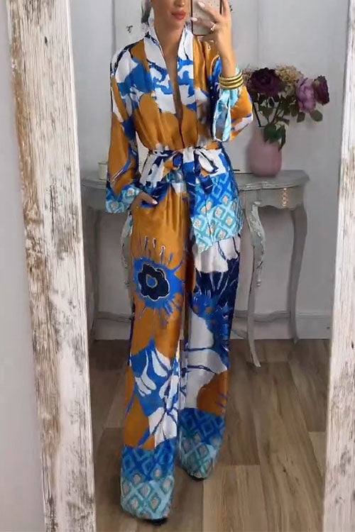 Priyavil Open Front Tie Waist Shirt Wide Leg Pants Graffiti Printed Set