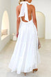 Priyavil Stylish Tie Knot Halter Backless Ruffle Tiered Maxi Dress