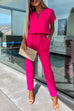Priyavil V Neck Rolled Sleeve Pullover Knot Waist Tapered Pants Set