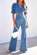 Priyavil V Neck Puff Sleeve Cut Out Bell Bottoms Denim Jumpsuit