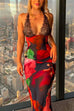 Priyavil Backless V Neck Lace Splice Printed Maxi Bodycon Dress