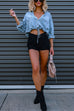 Priyavil Long Sleeves Drawstring Hem Cropped Denim Shirt