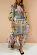 Priyavil Puff Sleeves Smocked Waist Unique Printed Ruffle Maxi Dress