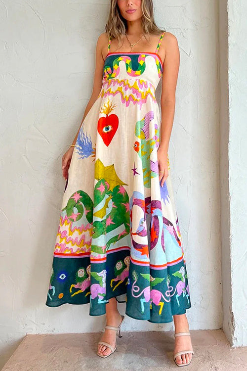 Priyavil High Waist Cartoon Printed Swing Maxi Cami Dress