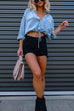 Priyavil Long Sleeves Drawstring Hem Cropped Denim Shirt