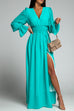 Priyavil V Neck Long Sleeve Smocked Waist Maxi Slit Dress