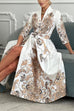 Vintage Print V Neck Tie Waist Midi Party Wrap Dress