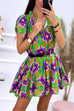 Priyavil Drawstring V Neck Printed Ruffle Mini Swing Dress