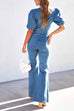 Priyavil V Neck Puff Sleeve Cut Out Bell Bottoms Denim Jumpsuit