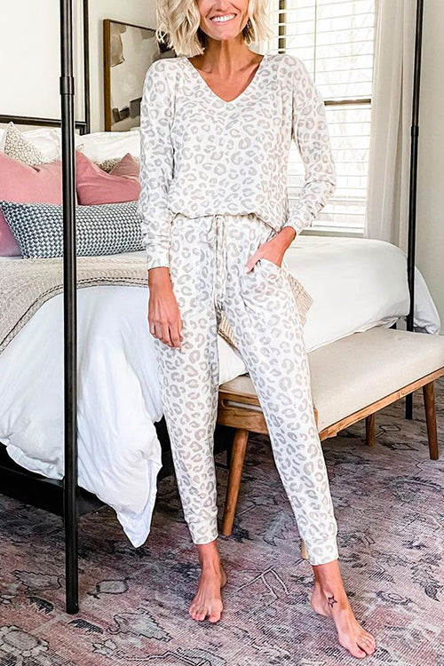 Leopard V Neck Long Sleeves Pullovers Drawstring Waist Joggers Loungewear Set