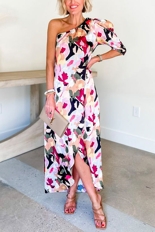 One Shoulder Bubble Sleeve Printed Wrap Maxi Dress