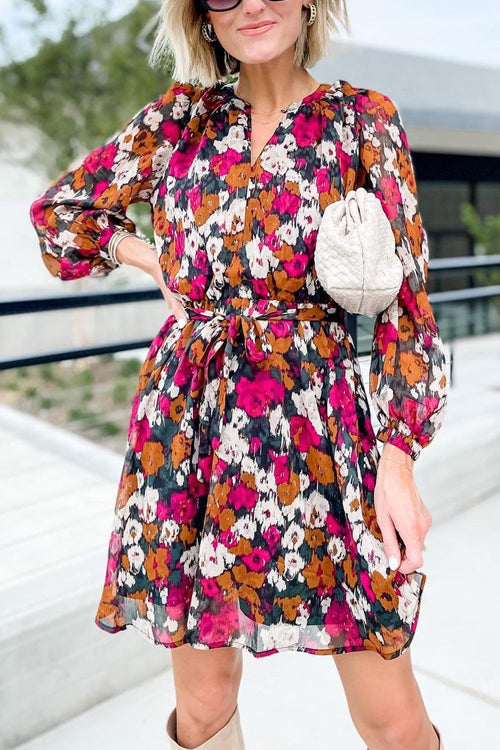 V Neck Long Sleeves Tie Waist Lightweight Floral Dress