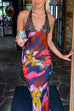 Priyavil Backless V Neck Lace Splice Printed Maxi Bodycon Dress