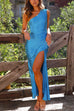 Priyavil Sleeveless One Shoulder Slit Satin Maxi Dress