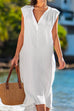 Priyavil Solid V Neck Sleeveless Cotton Linen Midi Dress