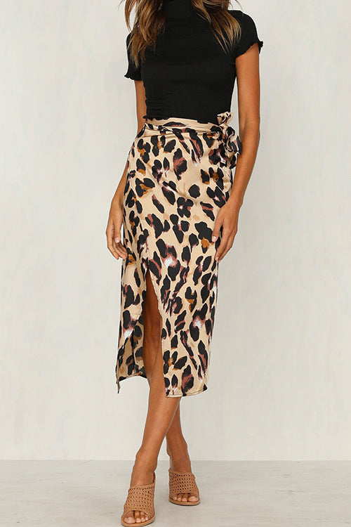 Priyavil Knot Waist Slit Midi Leopard Skirt